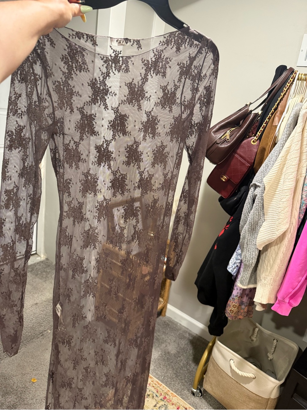 Free People Sheer Lace Long Sleeve Maxi Dress in Brown